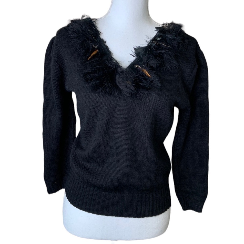 Chris Ann Vintage Black Feather V-Neck Sweater Size Small